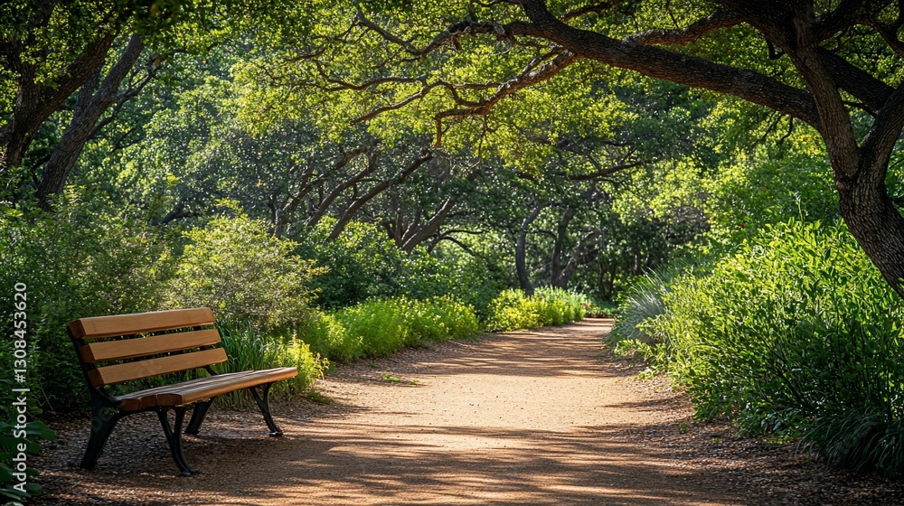 Serene Park Bench Path, Sunlight Dappled Shade Serene Park Bench Path, Sunlight Dappled Shade