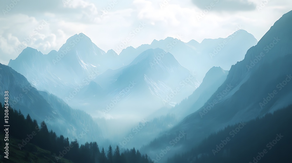 Majestic mountain ranges rise above a foggy forest in a valley Majestic mountain ranges rise above a foggy forest in a valley