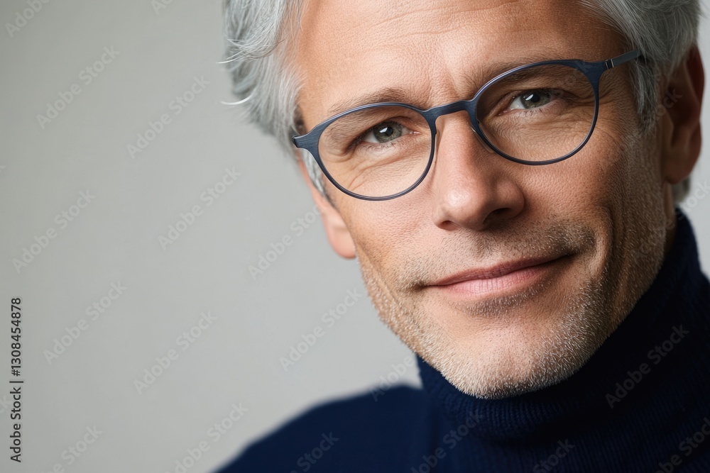 Close-up portrait of a smiling man with graying hair wearing round glasses and a turtleneck. Close-up portrait of a smiling man with graying hair wearing round glasses and a turtleneck.