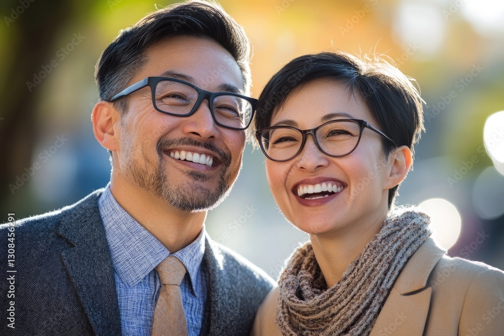 A happy Asian couple smiles brightly, wearing glasses and stylish autumn attire. A happy Asian couple smiles brightly, wearing glasses and stylish autumn attire.