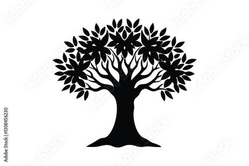 Silhouette art illustration of an ancient olive tree with a thick, gnarled trunk and spreading branches.eps
