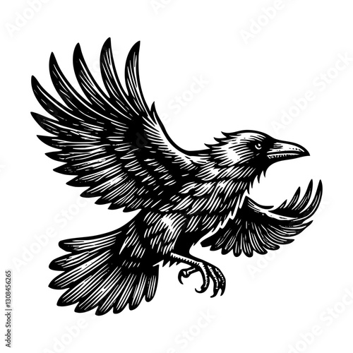 Crow flying sketch engraving black and white outline. Scratch board imitation.  illustrated in vintage line art style on a white background.
