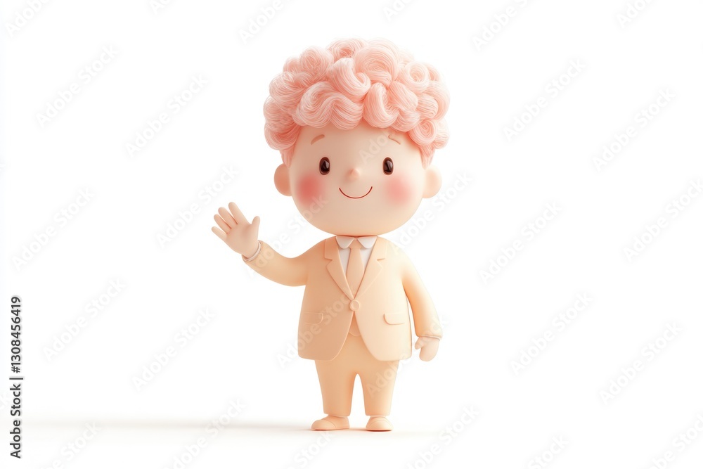 A cheerful 3D cartoon boy with pink curly hair, wearing a light beige suit, waves hello. A cheerful 3D cartoon boy with pink curly hair, wearing a light beige suit, waves hello.