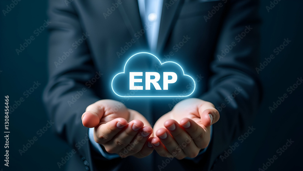 Hand Holding Holographic Icon of ERP Integration Cost Effectiveness in Cloud Setup - Visualizing Cloud ERP Solutions with Minimal Background and Space for Text Hand Holding Holographic Icon of ERP Integration Cost Effectiveness in Cloud Setup - Visualizing Cloud ERP Solutions with Minimal Background and Space for Text