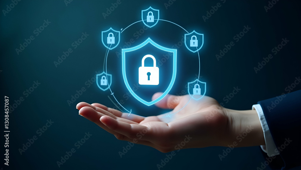 Secure Your Data: A Hand Holding a Floating Shield with Padlock Icons - Symbolizing Data Encryption and Protection in Stock Photo with Space for Text Secure Your Data: A Hand Holding a Floating Shield with Padlock Icons - Symbolizing Data Encryption and Protection in Stock Photo with Space for Text