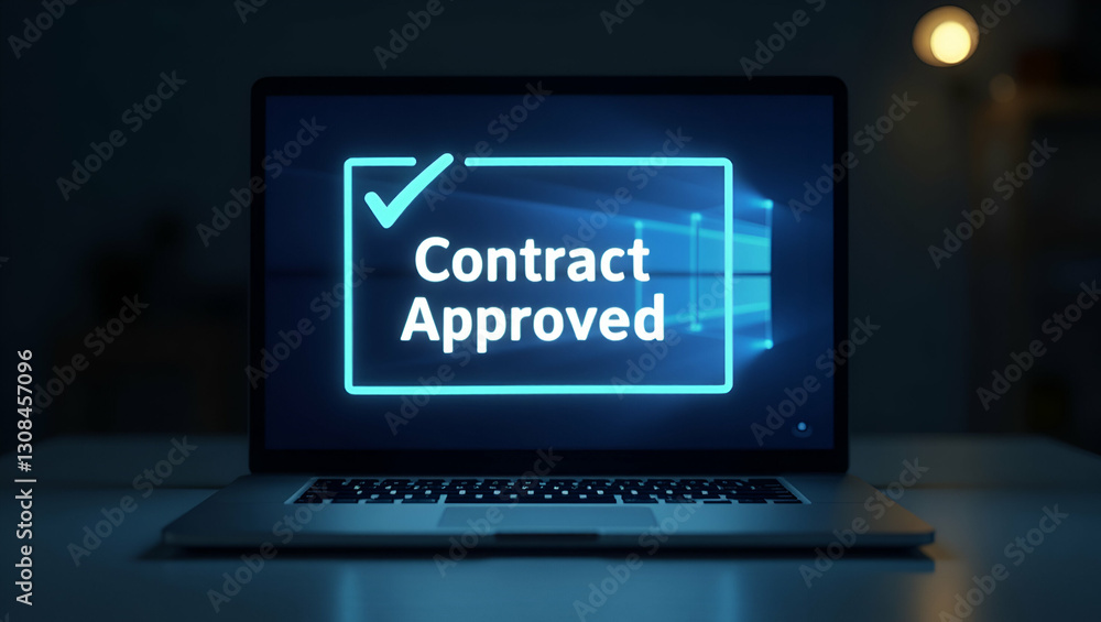 Glowing Contract Approved Holographic Notification Above Laptop: Visualizing Contract Validation Concept with Stock Photo and Space for Customization Glowing Contract Approved Holographic Notification Above Laptop: Visualizing Contract Validation Concept with Stock Photo and Space for Customization