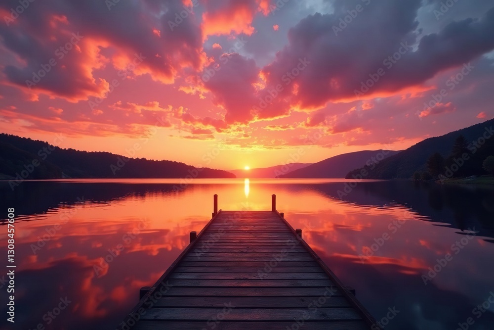 Obraz premium Lonely dock at sunset, lake reflects fiery sky , orange, horizon