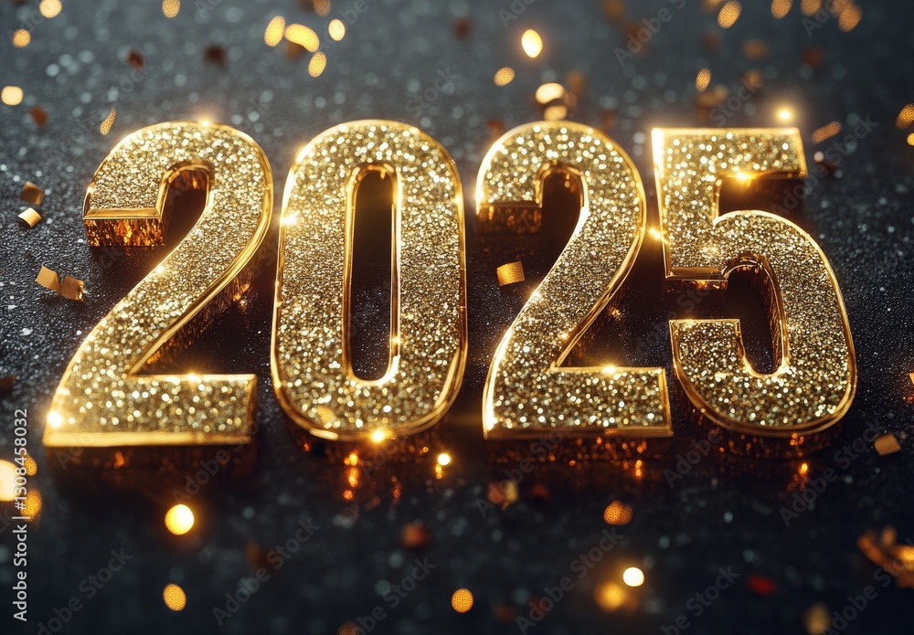 Against a dark, glittering backdrop, golden 3D numerals Against a dark, glittering backdrop, golden 3D numerals