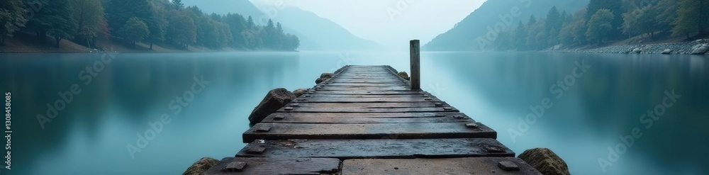 Obraz premium Misty river, aged wooden pier, stone base Long exposure , dawn, blue, calm