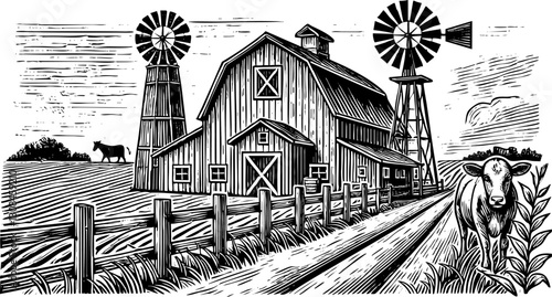 barn on farm land sketch engraving black and white outline. Scratch board imitation.
