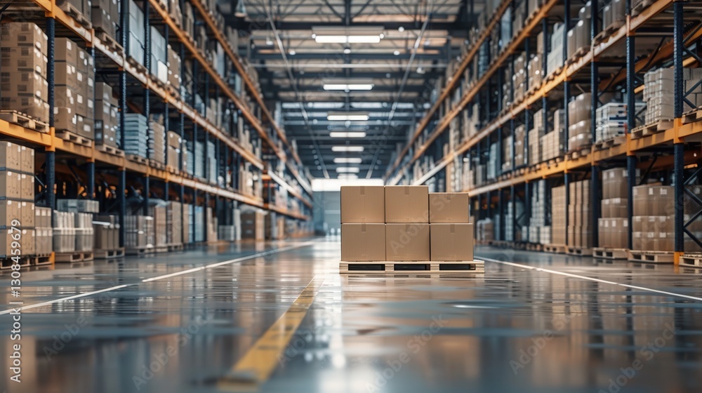 Modern Warehouse Interior with Pallets and Boxes