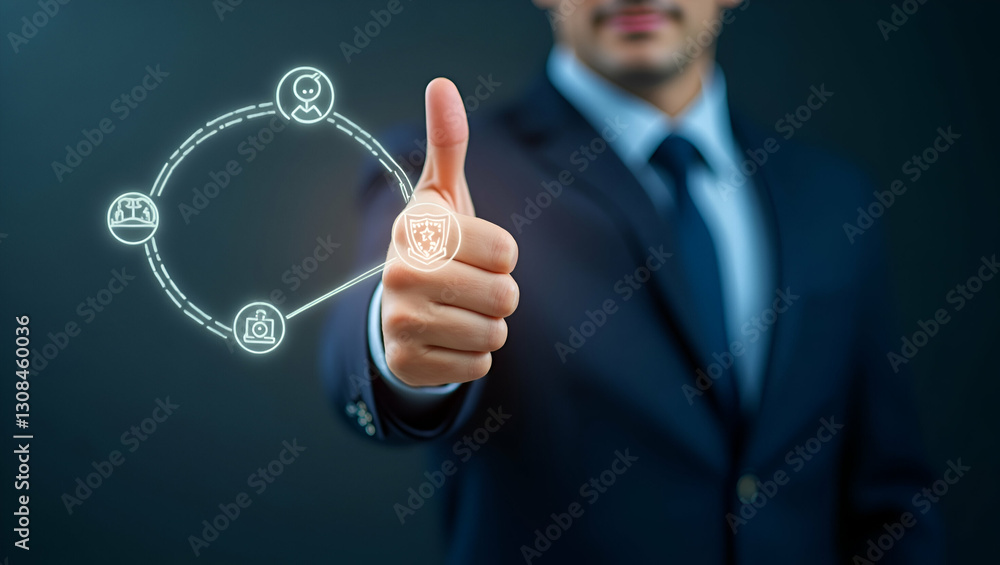 Professional giving a holographic thumbs up for approval with icons of success concept as Confirming project success and approval using futuristic holographic solutions in Photo Stock Concept and e Professional giving a holographic thumbs up for approval with icons of success concept as Confirming project success and approval using futuristic holographic solutions in Photo Stock Concept and e