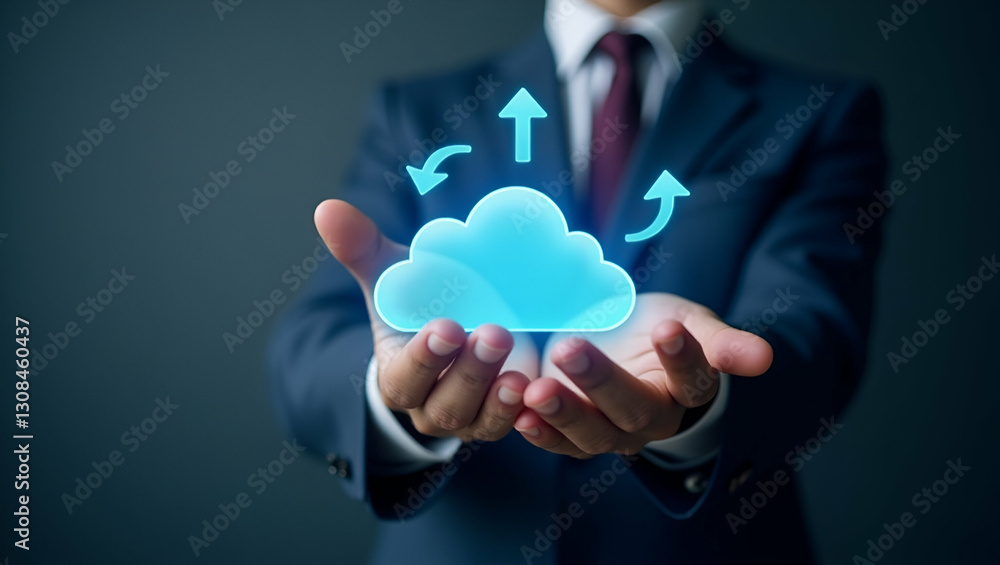 Flat Cloud technology illustrated by a glowing cloud icon with download and upload arrows being handled by a business professional. concept as Depiction of a glowing cloud icon with download and uploa Flat Cloud technology illustrated by a glowing cloud icon with download and upload arrows being handled by a business professional. concept as Depiction of a glowing cloud icon with download and uploa