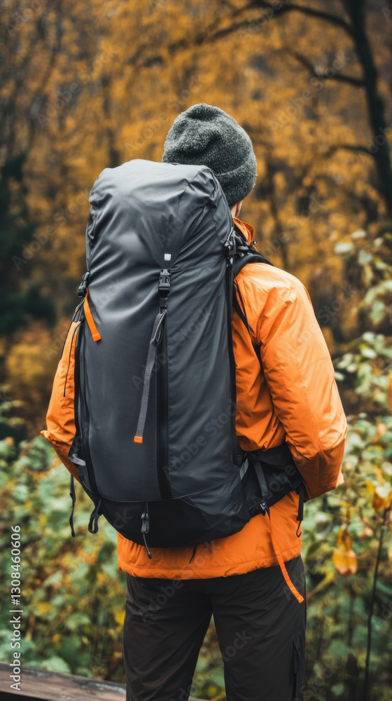 Fototapeta premium Hiker with backpack in autumn forest