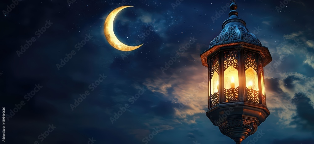 Ornate lantern illuminating a starry night sky with crescent moon. Ornate lantern illuminating a starry night sky with crescent moon.