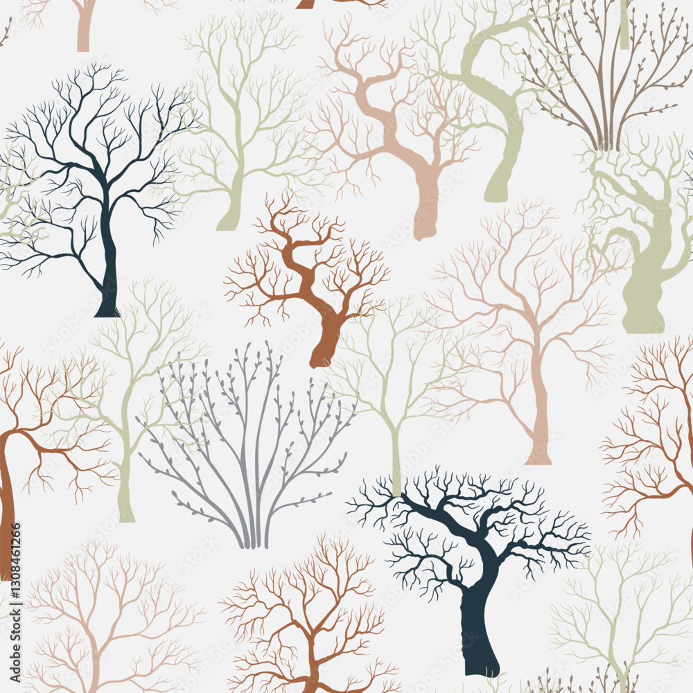 Obraz premium vector drawing seamless pattern with silhouettes of winter trees and shrubs without foliage, natural background, hand drawn illustration