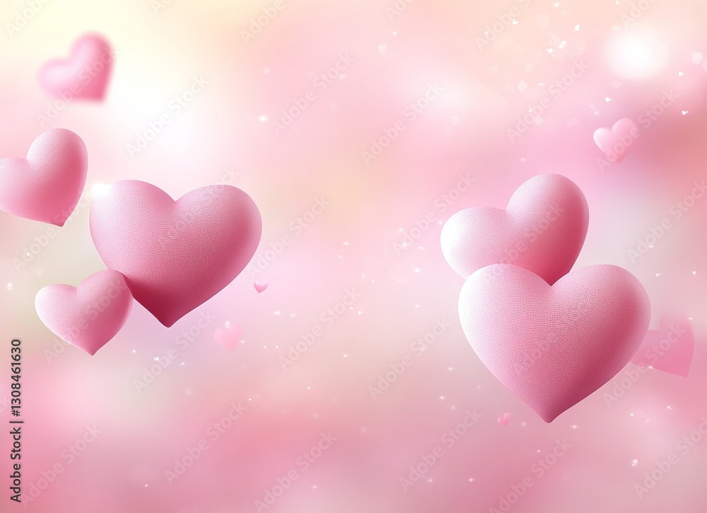 A romantic picture featuring a multitude of light pink, three-dimensional hearts dispersed on a soft pink background. The varying sizes of the hearts create a dreamy, affectionate atmosphere