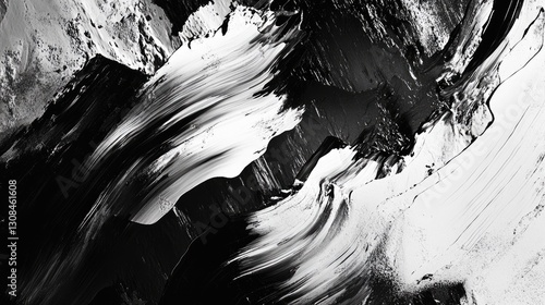A bold abstract composition in black and white, featuring layered textures and dynamic strokes that evoke movement and energy