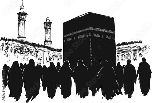Scene of Muslims performing Hajj in the Kaaba silhouette design vector