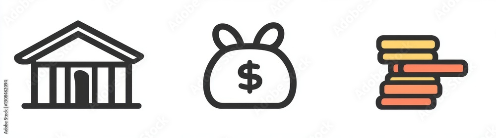 Three minimalistic line art icons show a traditional bank building, symbolizing finance, investment, and banking services Three minimalistic line art icons show a traditional bank building, symbolizing finance, investment, and banking services