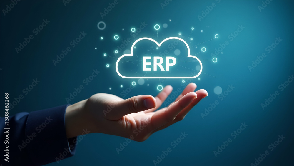 Hand Holding Holographic ERP Integration Deployment Icon in Cloud Environment - Minimalist Concept Hand Holding Holographic ERP Integration Deployment Icon in Cloud Environment - Minimalist Concept