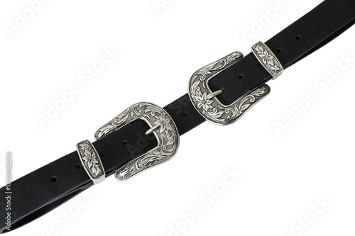Photography Black western cowboy belt with silver buckle isolated on white background