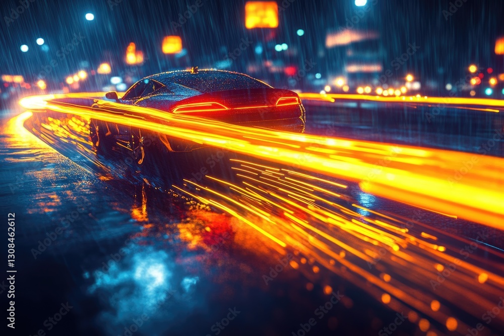 Obraz premium A sleek black sports car speeds through a rainy city at night, leaving trails of vibrant light.