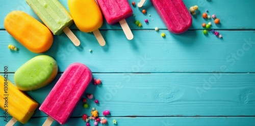 Assorted colorful popsicles arranged on turquoise painted wood , background, july