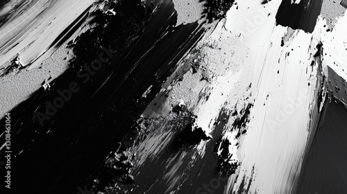 A bold black-and-white abstract composition featuring dynamic strokes and textured contrasts, creating a dramatic and modern visual impact