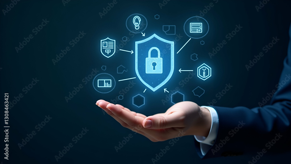 Flat Cybersecurity Management: Holographic Shield & Data Protection Icons Flat Cybersecurity Management: Holographic Shield & Data Protection Icons
