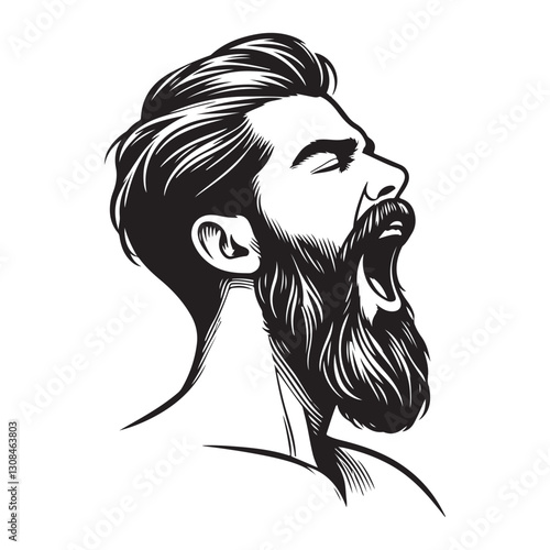 Man with Beard Yawning Illustration Vector Design Black and White