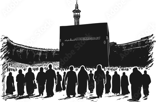 Scene of Muslims performing Hajj in the Kaaba silhouette design vector