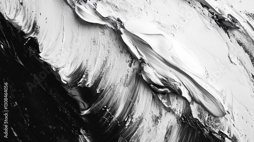 A contemporary abstract in black and white, featuring dynamic brushstrokes, layered textures, and sharp contrasts for visual depth