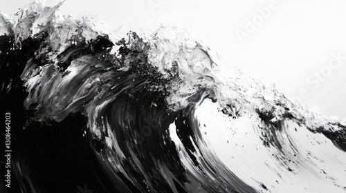 A contemporary abstract in black and white, featuring dynamic brushstrokes, layered textures, and sharp contrasts for visual depth