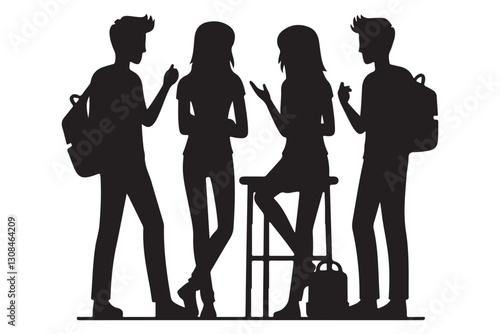 Group of students standing discussing topics silhouette vector illustration