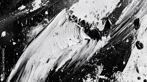 A contemporary abstract in black and white, featuring dynamic brushstrokes, layered textures, and sharp contrasts for visual depth