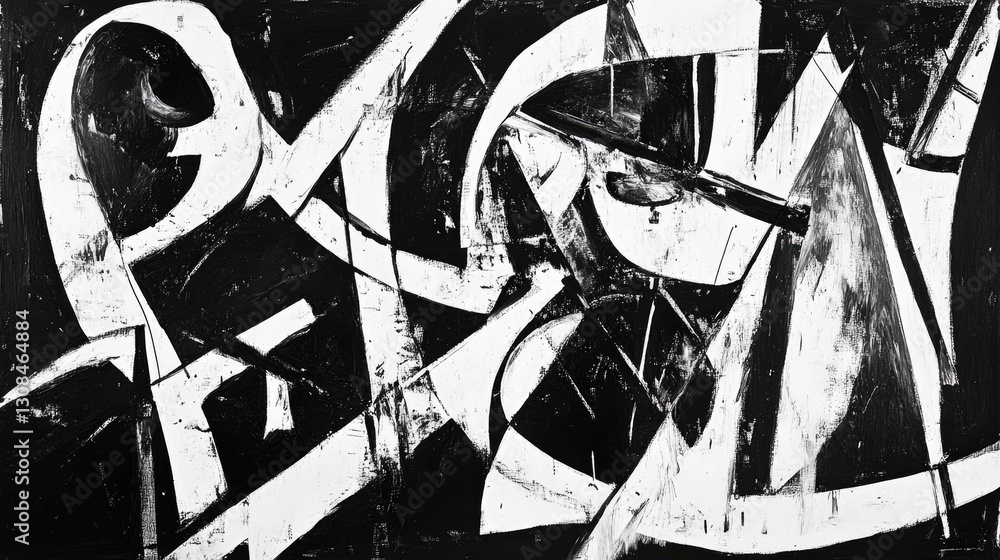 Naklejka premium A dynamic abstract composition in black and white with rough textures, sharp contrasts, and bold strokes creating depth and movement
