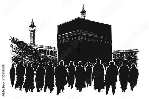 Scene of Muslims performing Hajj in the Kaaba silhouette design vector