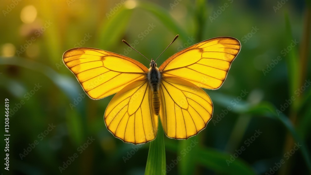 A vibrant yellow butterfly with detailed wing patterns perched on a green leaf in a natural setting. A vibrant yellow butterfly with detailed wing patterns perched on a green leaf in a natural setting.