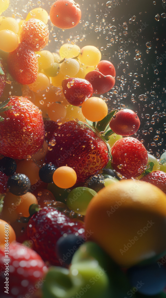 Fresh fruits including strawberries, grapes, and blueberries with water droplets Fresh fruits including strawberries, grapes, and blueberries with water droplets
