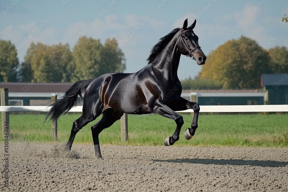 Stunning Black Warmblood Galloping in Full Stride with Flowing Mane in Action Stunning Black Warmblood Galloping in Full Stride with Flowing Mane in Action