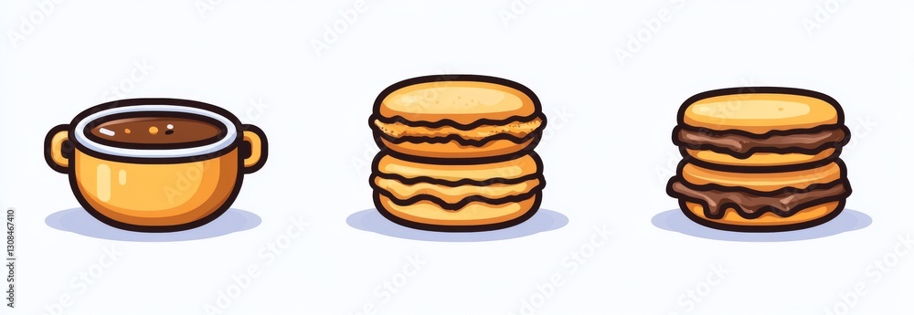 A trio of gastronomic icons: a steaming bowl of soup, a bright stack of macarons, and a slice of traditional tiramisu on a plate. A combination of savory and sweet delights A trio of gastronomic icons: a steaming bowl of soup, a bright stack of macarons, and a slice of traditional tiramisu on a plate. A combination of savory and sweet delights