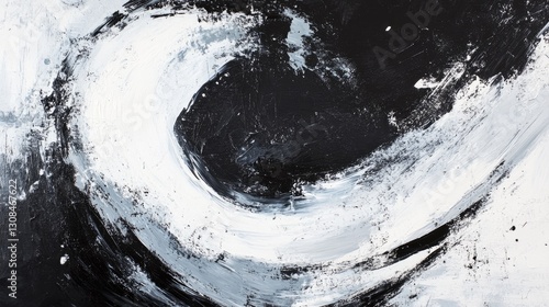 A modern black-and-white abstract design with bold, dynamic brushstrokes and intricate textures highlighting depth and contrast