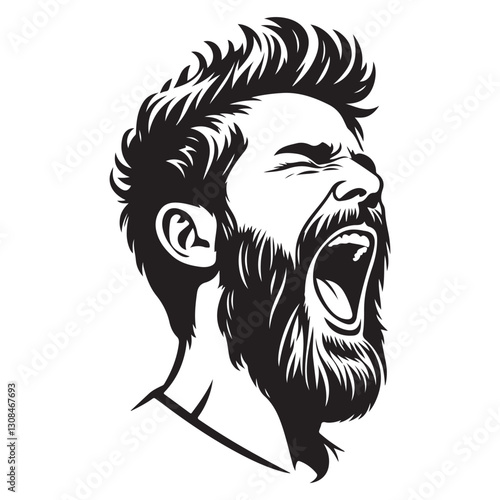 Detailed Vector Illustration of a Man Yelling with Open Mouth and Beard