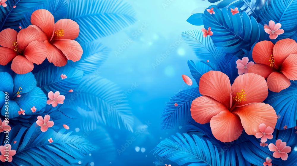 Naklejka premium Tropical Floral Arrangement: A serene summer setting with hibiscus blooms and palm fronds, perfect for a calming poster or invitation