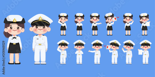 Cute cartoon group of navy and military officer uniform character. vector premium.	
