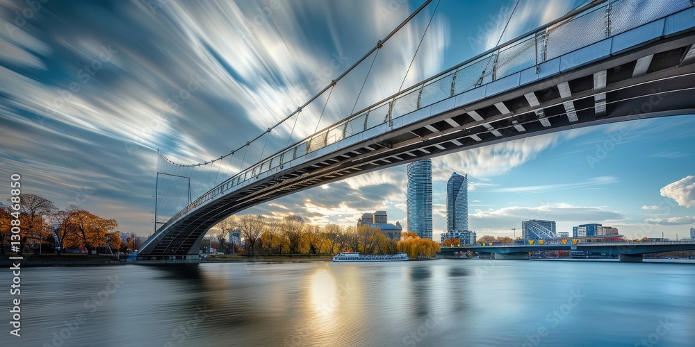 Fototapeta premium Modern Bridge over a City River at Sunset