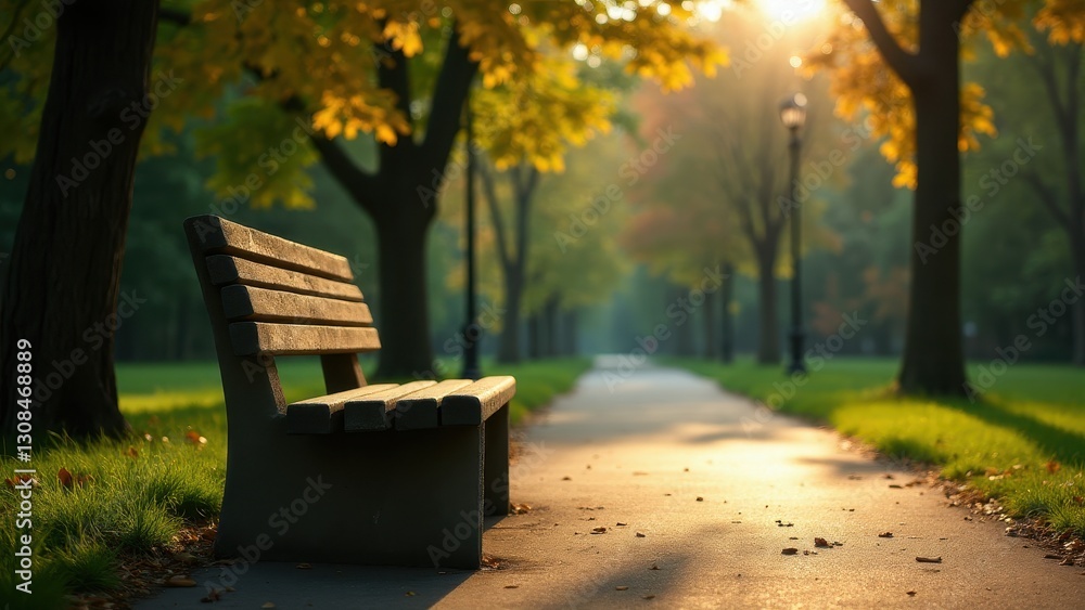A cement bench sits along a tree-lined path in a park, illuminated by the warm glow of the setting sun.