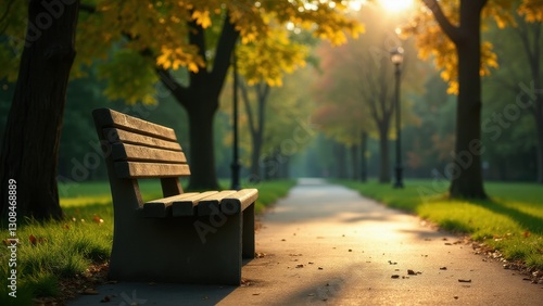 Obraz na płótnie A cement bench sits along a tree-lined path in a park, illuminated by the warm glow of the setting sun. w salonie