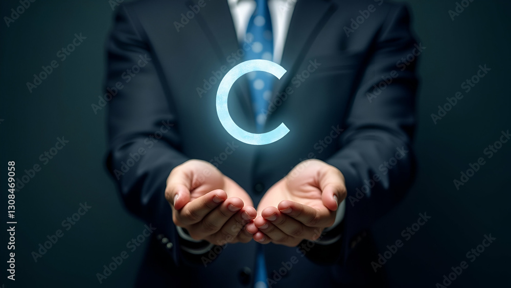 Holographic C Symbol Above Hand: Copyright & Trademark Visualization Holographic C Symbol Above Hand: Copyright & Trademark Visualization